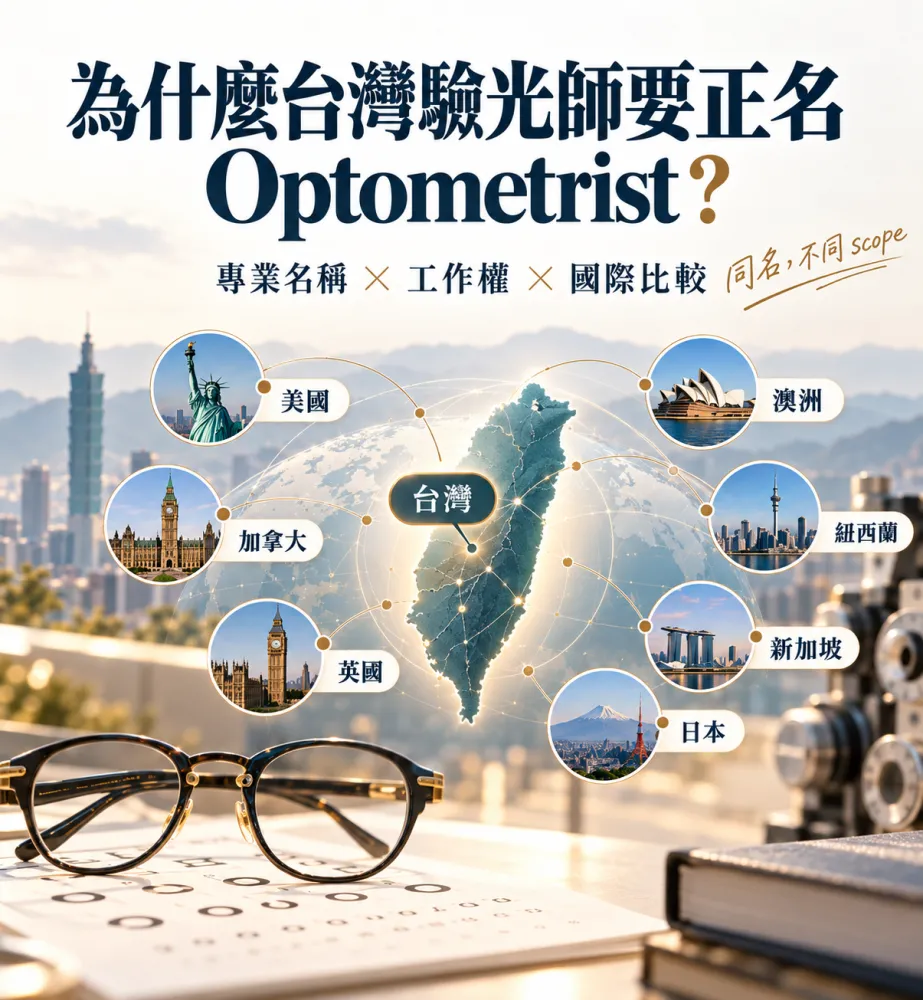 台灣驗光師 Optometrist 正名專題圖，以台灣為中心比較各國驗光師的專業名稱、法定業務範圍與國際制度差異
