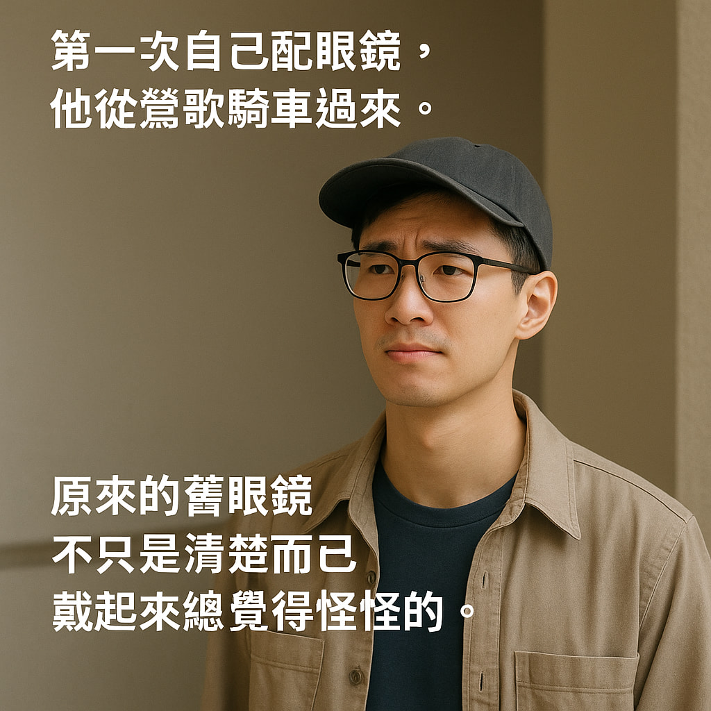 一位年輕人因舊眼鏡不適，來到驗光所重新配鏡的故事場景。
