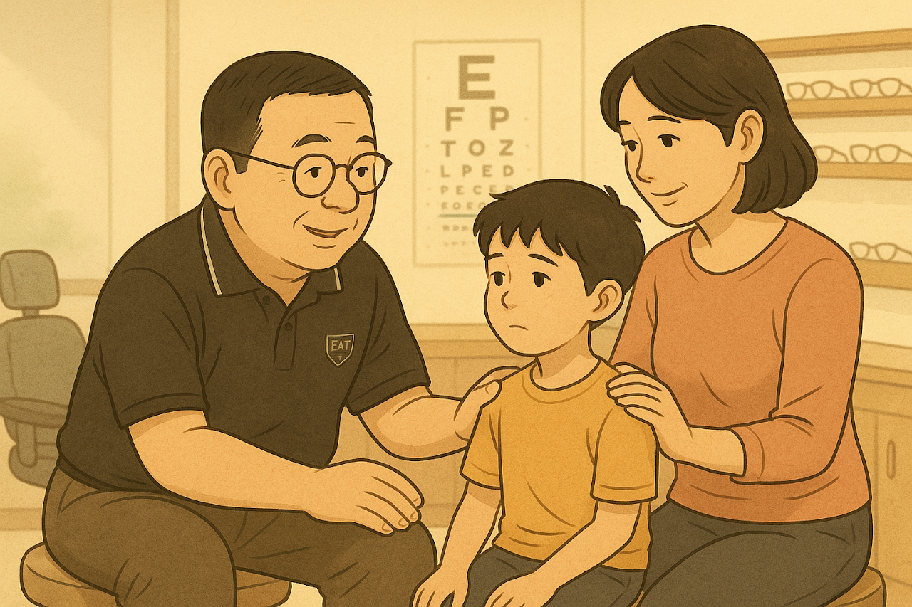 三峽驗光師溫柔地引導孩子進行視力檢查，象徵著專業與同理心的結合。