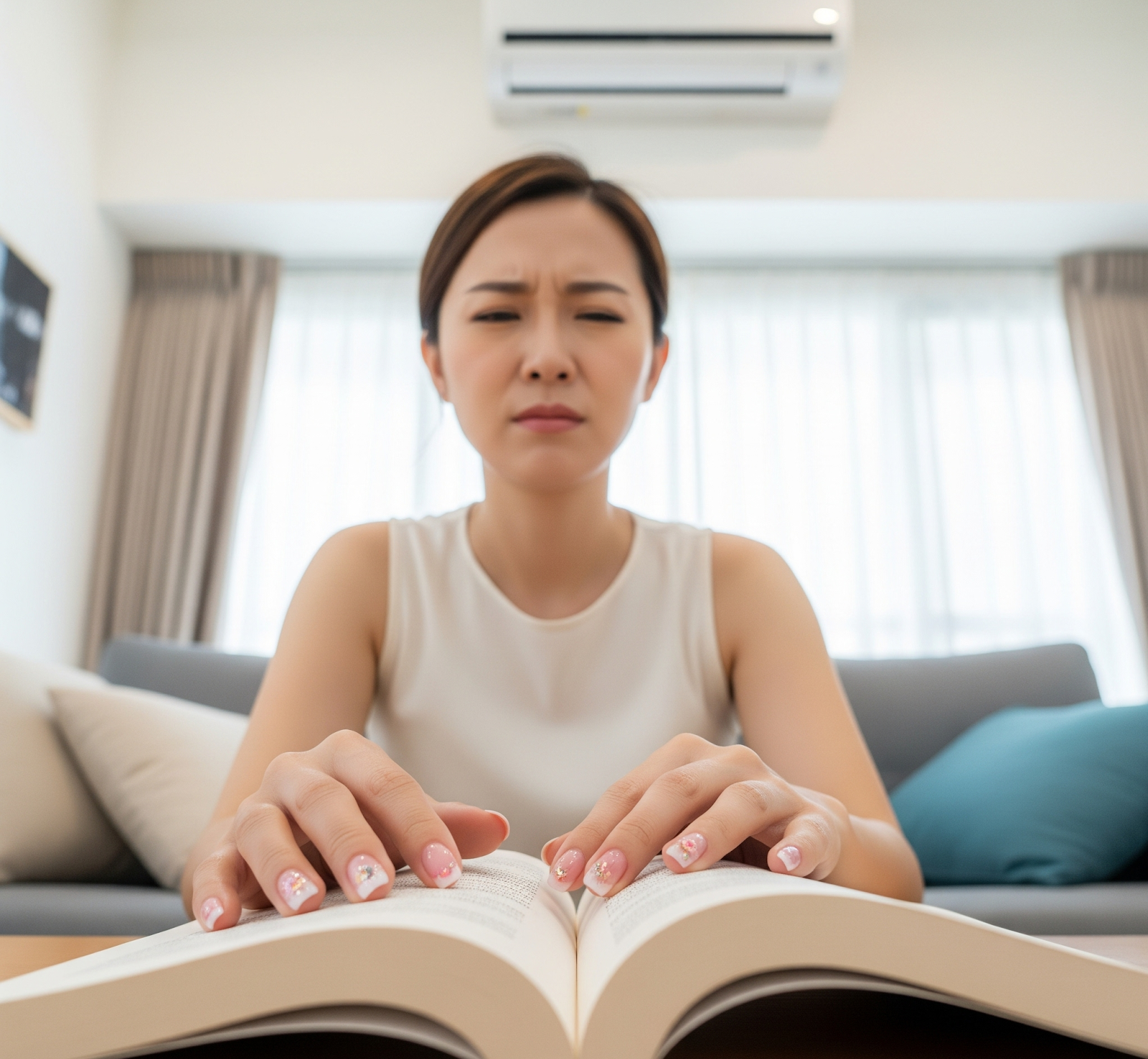 一位年輕貌美的都會女子，因老花眼看不清書本而困擾的特寫，體現日常生活中的視覺挑戰。