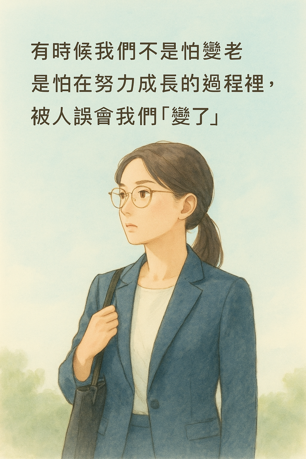 一位女性在鏡子前端詳自己的倒影，象徵透過眼鏡尋找自我認同的過程。