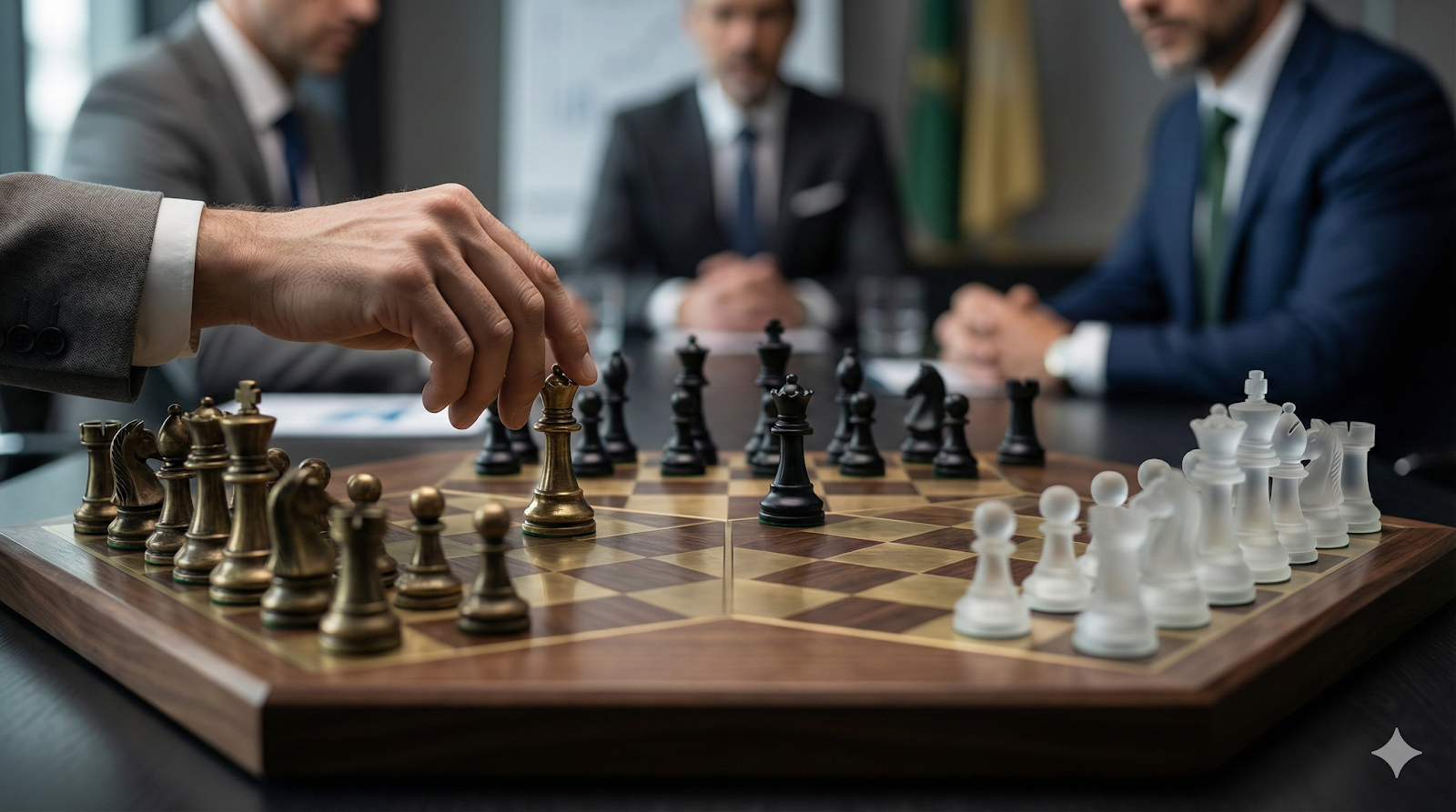 三方政治勢力在棋盤上的博弈與對峙示意圖