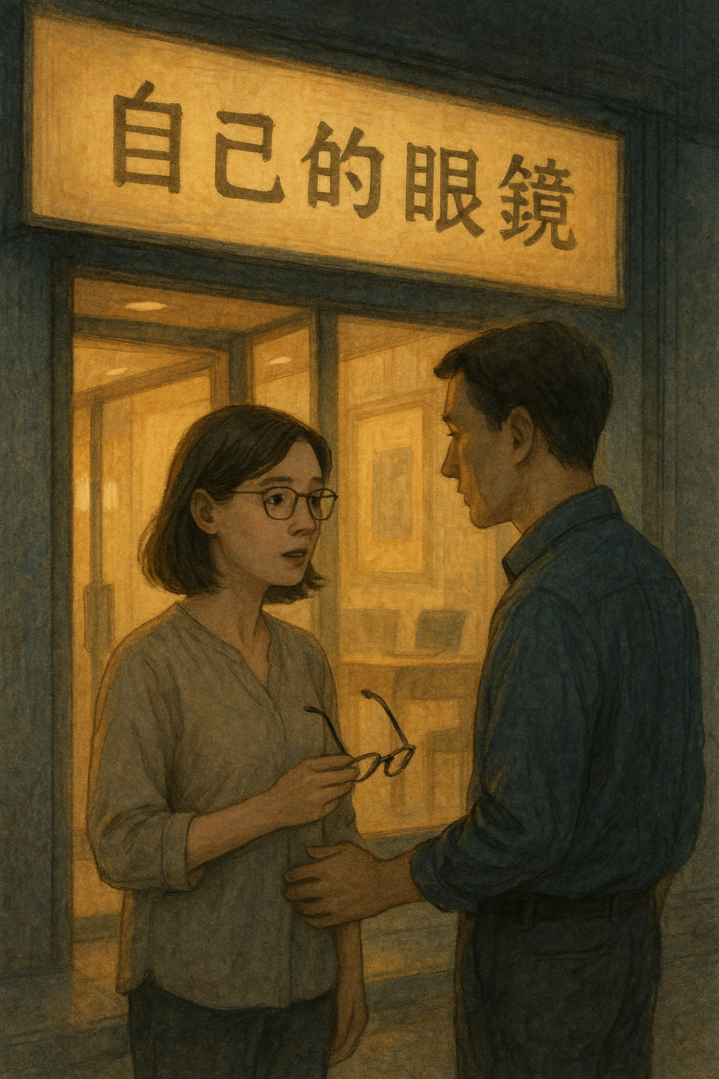 一位女士拿著眼鏡，在名為「自己的眼鏡」的眼鏡行外，輕聲對男士說話。