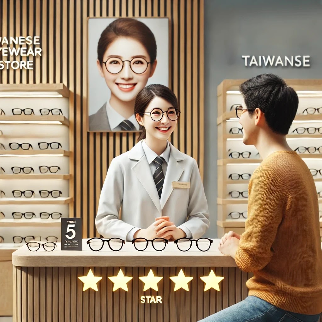 一間現代風格的台灣眼鏡店，擁有乾淨、現代感的木質陳列架，展示著各式眼鏡。